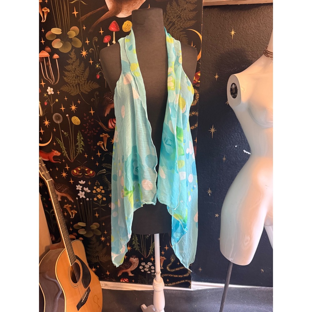 Aqua Blue Floral Polka Dot Sheer Draped Vest and Scarf Set 2 Piece
